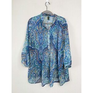 Lauren Ralph Lauren Paisley Blouse Top 2X Plus Blue Sheer Flowy Fairy Whimsical